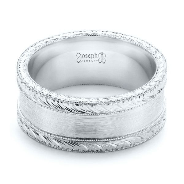 18k White Gold 18k White Gold Custom Hand Engraved Men's Band - Flat View -  103038