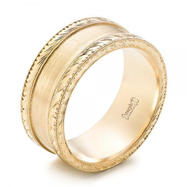 14k Yellow Gold Custom Hand Engraved Men's Band - Three-Quarter View -  103038