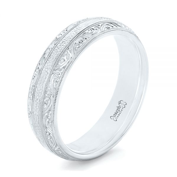 14k White Gold 14k White Gold Custom Hand Engraved Men's Wedding Band - Three-Quarter View -  102839