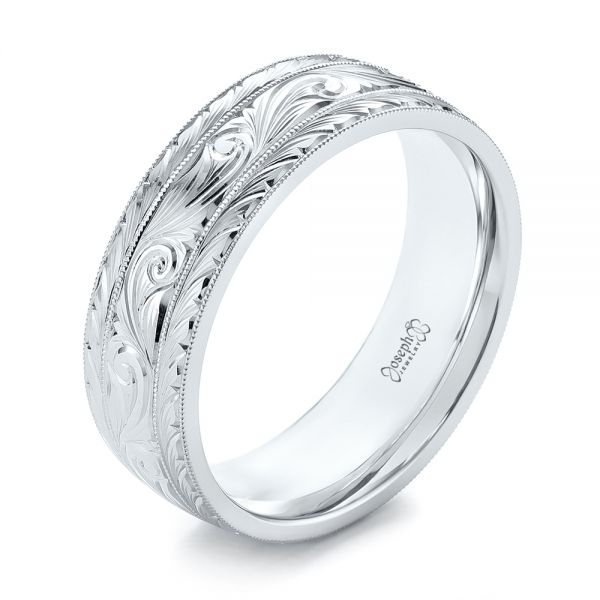  Platinum Custom Hand Engraved Men's Wedding Band - Three-Quarter View -  103458