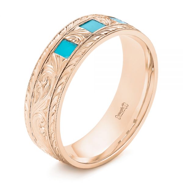 14k Rose Gold 14k Rose Gold Custom Hand Engraved Turquoise Men's Band - Three-Quarter View -  104862