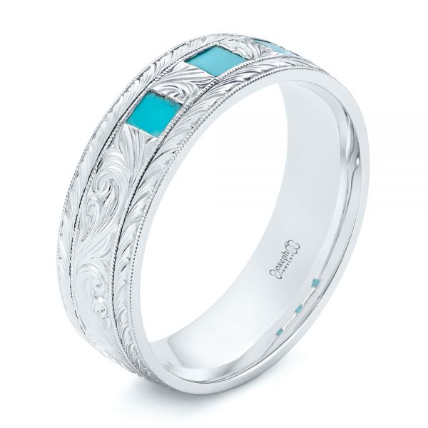  Platinum Platinum Custom Hand Engraved Turquoise Men's Band - Three-Quarter View -  104862