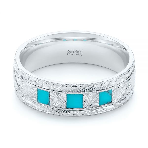 14k White Gold Custom Hand Engraved Turquoise Men's Band - Flat View -  104862