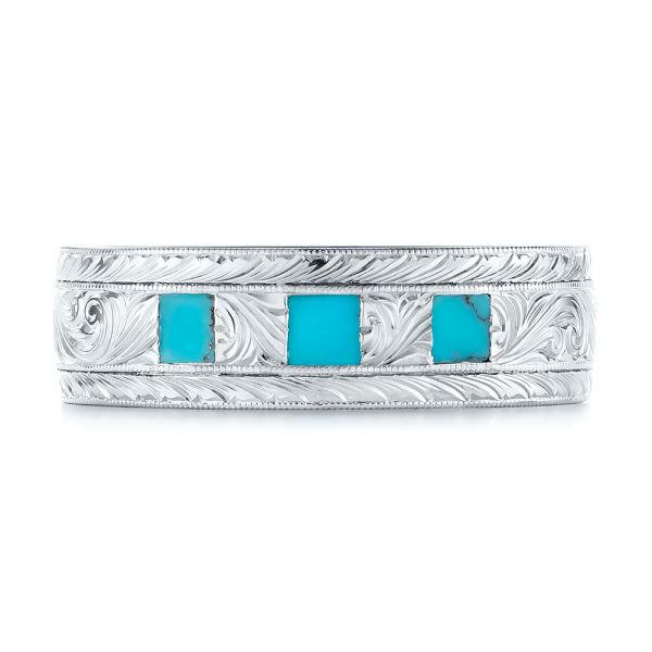 14k White Gold Custom Hand Engraved Turquoise Men's Band - Top View -  104862