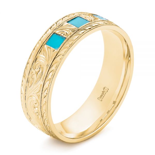 18k Yellow Gold 18k Yellow Gold Custom Hand Engraved Turquoise Men's Band - Three-Quarter View -  104862