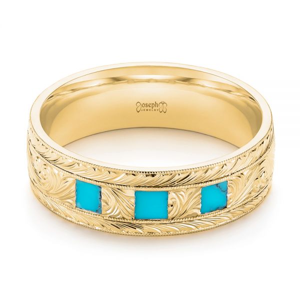 14k Yellow Gold 14k Yellow Gold Custom Hand Engraved Turquoise Men's Band - Flat View - 104862