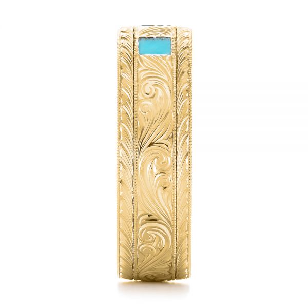 14k Yellow Gold 14k Yellow Gold Custom Hand Engraved Turquoise Men's Band - Side View - 104862