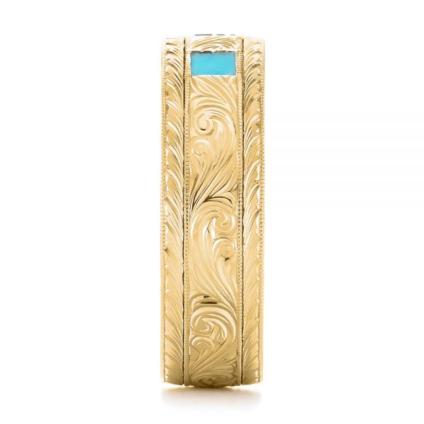 18k Yellow Gold 18k Yellow Gold Custom Hand Engraved Turquoise Men's Band - Side View -  104862