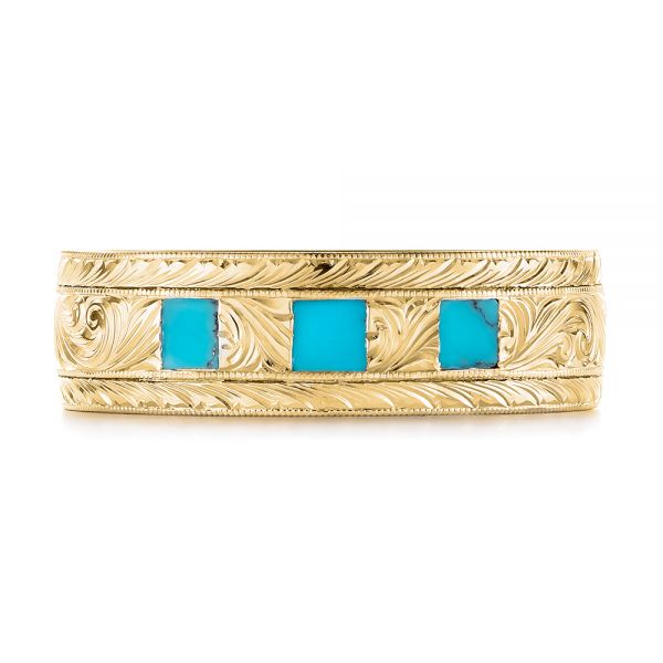 14k Yellow Gold 14k Yellow Gold Custom Hand Engraved Turquoise Men's Band - Top View - 104862