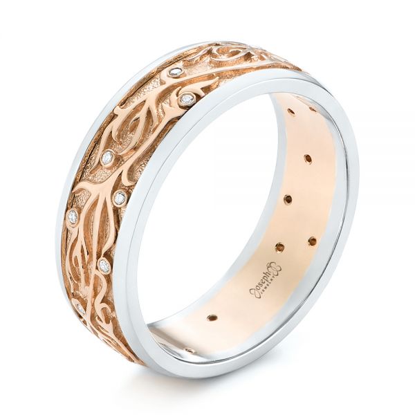 18k Rose Gold And Platinum 18k Rose Gold And Platinum Custom Hand Engraved Two-tone Diamond Men's Band - Three-Quarter View -  104095