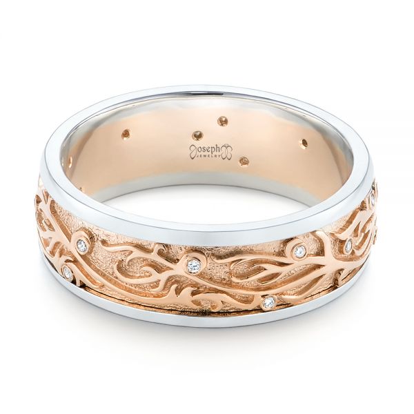 18k Rose Gold And 14K Gold 18k Rose Gold And 14K Gold Custom Hand Engraved Two-tone Diamond Men's Band - Flat View - 104095