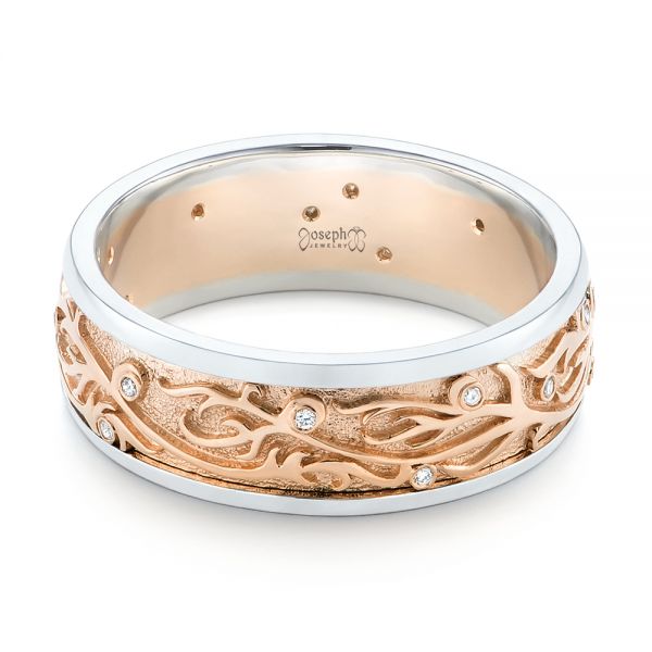 18k Rose Gold And Platinum 18k Rose Gold And Platinum Custom Hand Engraved Two-tone Diamond Men's Band - Flat View -  104095