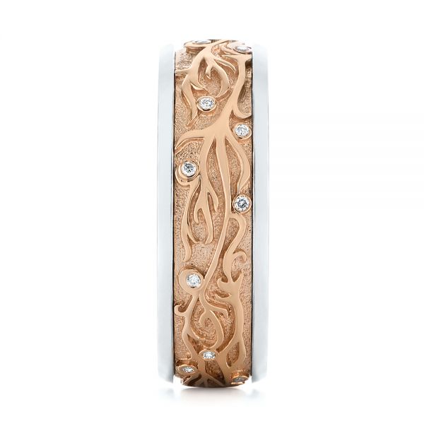 18k Rose Gold And 14K Gold 18k Rose Gold And 14K Gold Custom Hand Engraved Two-tone Diamond Men's Band - Side View - 104095