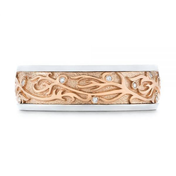 14k Rose Gold And 14K Gold 14k Rose Gold And 14K Gold Custom Hand Engraved Two-tone Diamond Men's Band - Top View -  104095