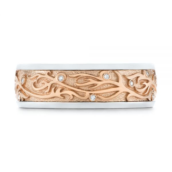 14k Rose Gold And Platinum 14k Rose Gold And Platinum Custom Hand Engraved Two-tone Diamond Men's Band - Top View -  104095