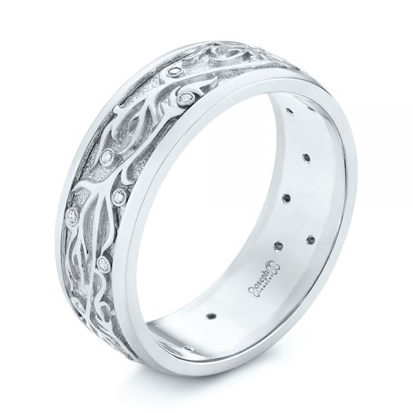 18k White Gold And Platinum 18k White Gold And Platinum Custom Hand Engraved Two-tone Diamond Men's Band - Three-Quarter View -  104095