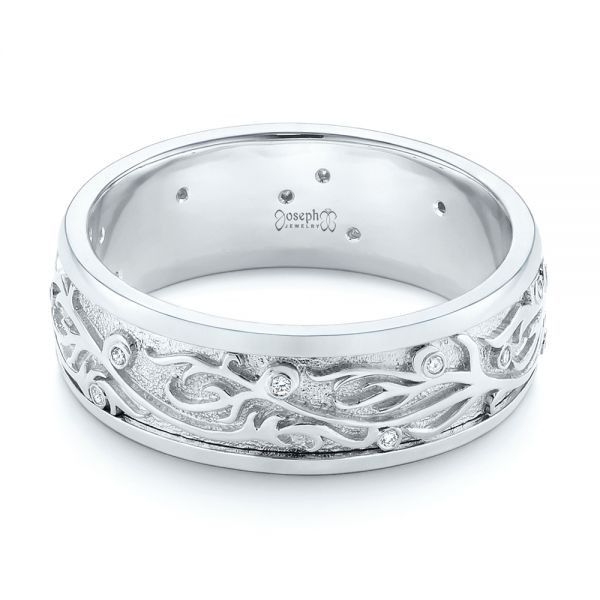 14k White Gold And Platinum 14k White Gold And Platinum Custom Hand Engraved Two-tone Diamond Men's Band - Flat View -  104095