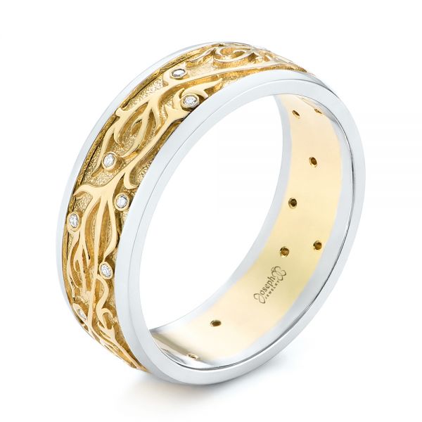 14k Yellow Gold And 14K Gold Custom Hand Engraved Two-tone Diamond Men's Band - Three-Quarter View -  104095
