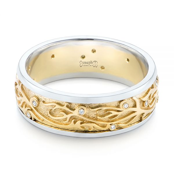 14k Yellow Gold And 14K Gold Custom Hand Engraved Two-tone Diamond Men's Band - Flat View - 104095