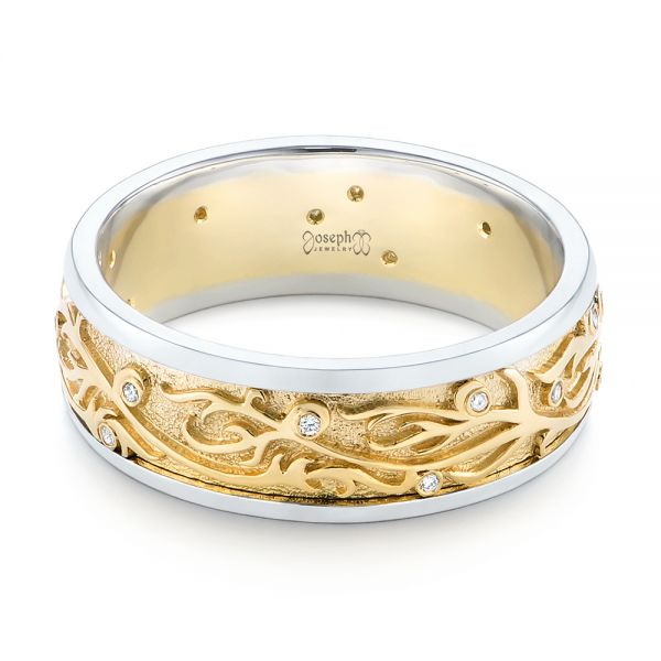 18k Yellow Gold And Platinum 18k Yellow Gold And Platinum Custom Hand Engraved Two-tone Diamond Men's Band - Flat View -  104095