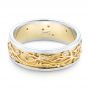 14k Yellow Gold And 14K Gold Custom Hand Engraved Two-tone Diamond Men's Band - Flat View -  104095 - Thumbnail