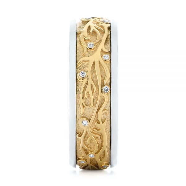 14k Yellow Gold And 14K Gold Custom Hand Engraved Two-tone Diamond Men's Band - Side View - 104095