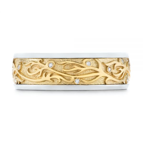 14k Yellow Gold And 14K Gold Custom Hand Engraved Two-tone Diamond Men's Band - Top View -  104095
