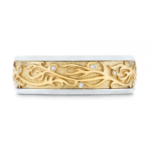 14k Yellow Gold And 14K Gold Custom Hand Engraved Two-tone Diamond Men's Band - Top View - 104095