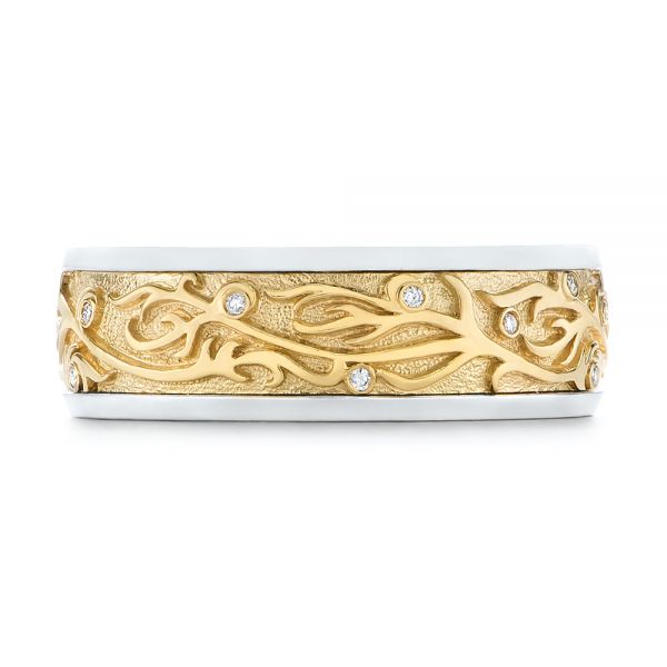 18k Yellow Gold And 14K Gold 18k Yellow Gold And 14K Gold Custom Hand Engraved Two-tone Diamond Men's Band - Top View -  104095