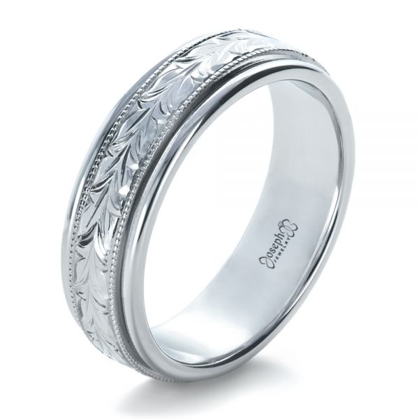 14k White Gold Custom Hand Engraved Wedding Band - Three-Quarter View -  1213