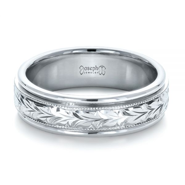 18k White Gold 18k White Gold Custom Hand Engraved Wedding Band - Flat View -  1213