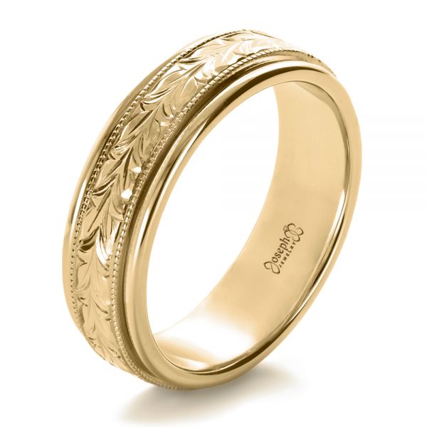 18k Yellow Gold 18k Yellow Gold Custom Hand Engraved Wedding Band - Three-Quarter View -  1213