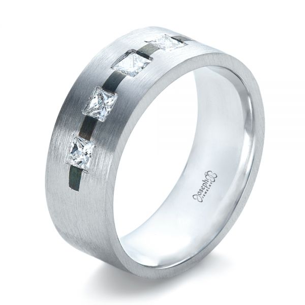 14k White Gold And Platinum 14k White Gold And Platinum Custom Inlay Diamond Men's Band - Three-Quarter View -  1185