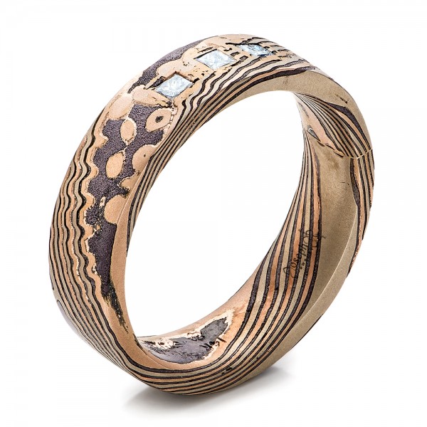 Custom Men's Diamond And Mokume Wedding Band - Three-Quarter View -  101247