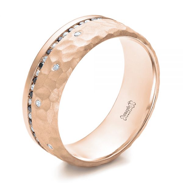 14k Rose Gold 14k Rose Gold Custom Men's Black And White Diamond And Hammered Finish Wedding Band - Three-Quarter View -  100781