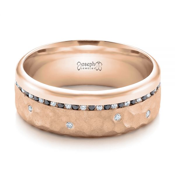 18k Rose Gold 18k Rose Gold Custom Men's Black And White Diamond And Hammered Finish Wedding Band - Flat View - 100781
