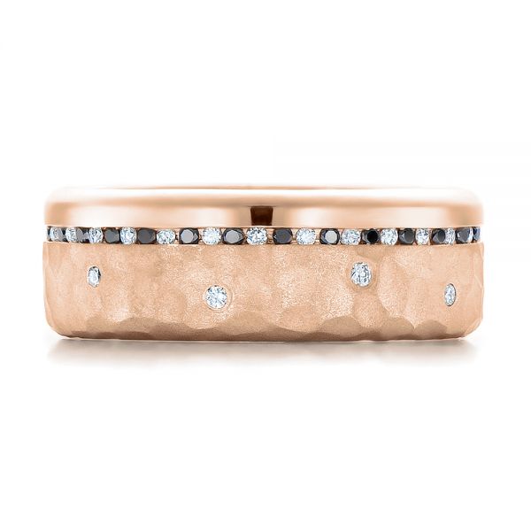 18k Rose Gold 18k Rose Gold Custom Men's Black And White Diamond And Hammered Finish Wedding Band - Top View - 100781