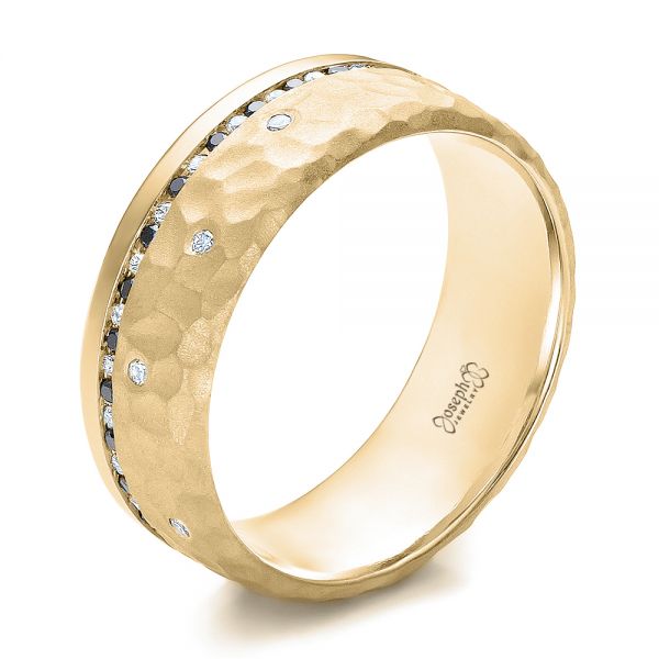 14k Yellow Gold 14k Yellow Gold Custom Men's Black And White Diamond And Hammered Finish Wedding Band - Three-Quarter View -  100781