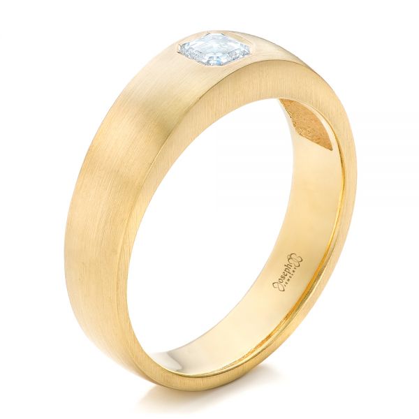Mens Diamond Solitaire with Brushed Finish and Etched Design in Yellow Gold 14k .10 ct