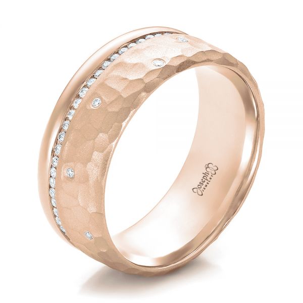 18k Rose Gold 18k Rose Gold Custom Men's Diamond And Hammered Finish Wedding Band - Three-Quarter View -  100611