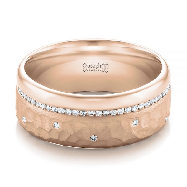 18k Rose Gold 18k Rose Gold Custom Men's Diamond And Hammered Finish Wedding Band - Flat View - 100611
