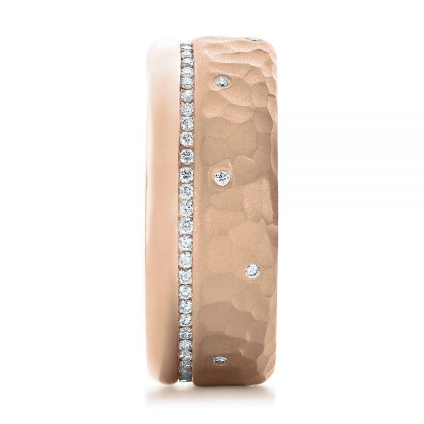 18k Rose Gold 18k Rose Gold Custom Men's Diamond And Hammered Finish Wedding Band - Side View - 100611