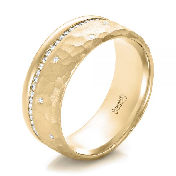 18k Yellow Gold 18k Yellow Gold Custom Men's Diamond And Hammered Finish Wedding Band - Three-Quarter View -  100611