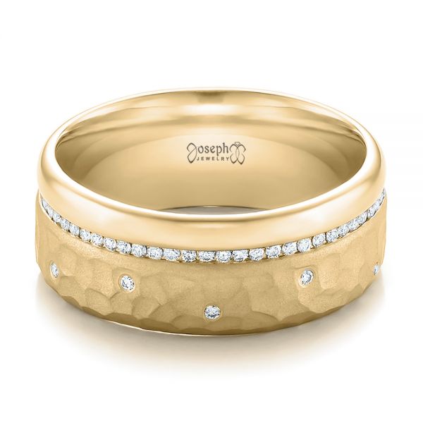 18k Yellow Gold 18k Yellow Gold Custom Men's Diamond And Hammered Finish Wedding Band - Flat View - 100611