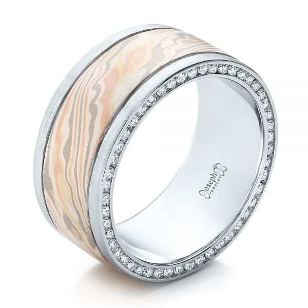  14K Gold And Platinum 14K Gold And Platinum Custom Men's Diamond And Mokume Wedding Band - Three-Quarter View -  102009