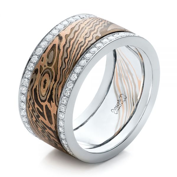  Platinum And 14K Gold Platinum And 14K Gold Custom Men's Diamond And Mokume Wedding Band - Three-Quarter View -  102012