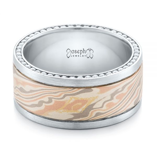 14K Gold And Platinum 14K Gold And Platinum Custom Men's Diamond And Mokume Wedding Band - Flat View - 102009