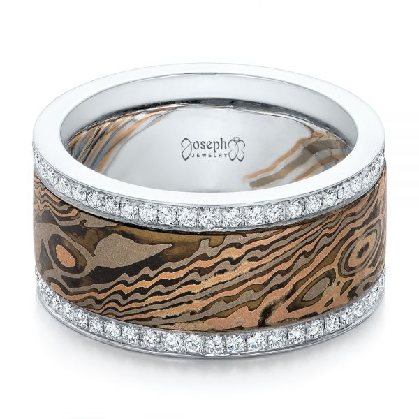  Platinum And 14K Gold Platinum And 14K Gold Custom Men's Diamond And Mokume Wedding Band - Flat View -  102012