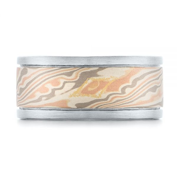 14K Gold And Platinum 14K Gold And Platinum Custom Men's Diamond And Mokume Wedding Band - Top View - 102009
