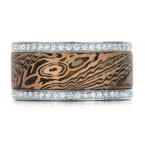  Platinum And 14K Gold Platinum And 14K Gold Custom Men's Diamond And Mokume Wedding Band - Top View -  102012